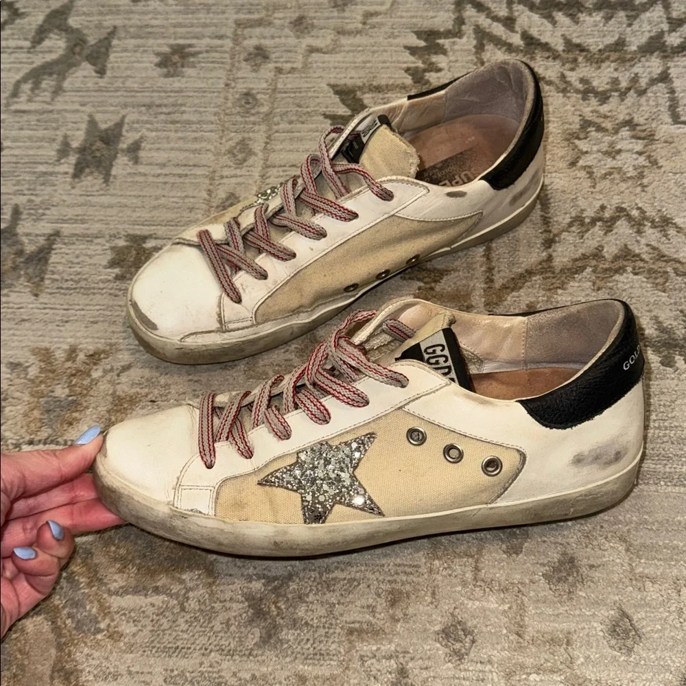 Golden Goose White Leather/Canvas Sneakers with Silver Glitter Star - Picture 4 of 14